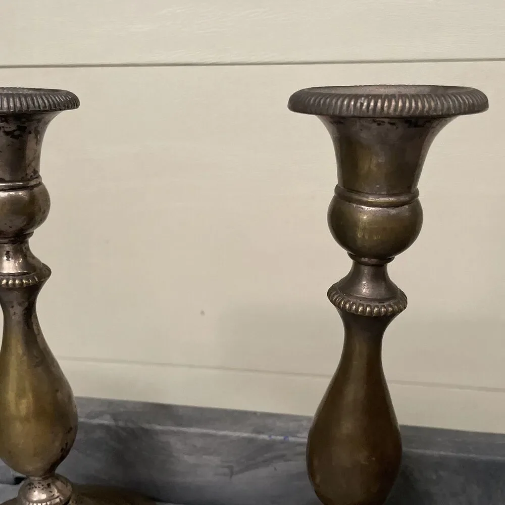 Vintage Silver-Plated Brass Candlesticks with Heavy Patina